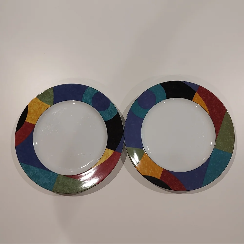 Mikasa Currents Rim Soup Bowls Set of Two Porcelain Red Yellow Blue Blac…